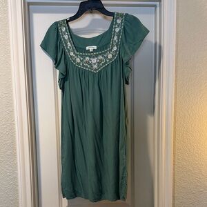 Green Embroidered Flutter Sleeve Mini Dress
